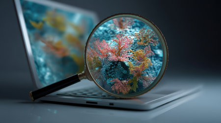 A captivating magnifying glass reflects a stunning underwater world featuring colorful corals, illustrating the harmony between technology and nature.の素材