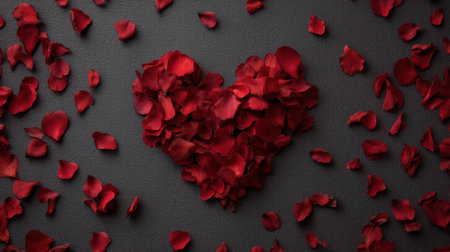 Delicate red rose petals form a heart shape on a dark background, evoking feelings of love and romance. Perfect for special occasions and creative projects.の素材