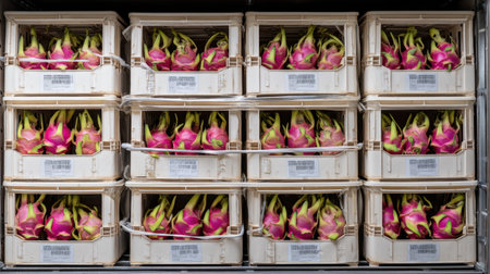 Colorful stacks of fresh dragon fruit arranged neatly in storage containers highlight the vibrant colors and textures of this exotic tropical fruit.の素材
