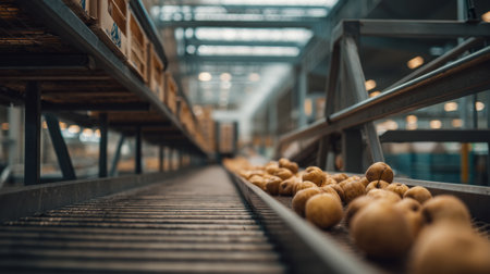 A close-up view of an industrial conveyor belt within a sorting facility, featuring fresh produce and emphasizing modern agricultural processes.の素材