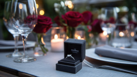 A beautifully arranged dinner table showcasing an elegant engagement ring in a velvet box, surrounded by red roses and flickering candles, perfect for a memorable proposal or romantic evening.の素材