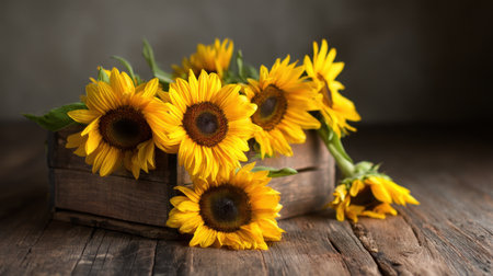 A charming still life featuring vibrant sunflowers arranged in a rustic wooden box. The soft natural light enhances the beauty and warmth of the flowers, creating an inviting atmosphere perfect for any decorative theme.の素材