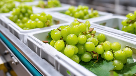 Fresh green grapes arranged neatly in plastic containers, showcasing agribusiness practices in fruit processing. Ideal for nutrition and agriculture themes.の素材