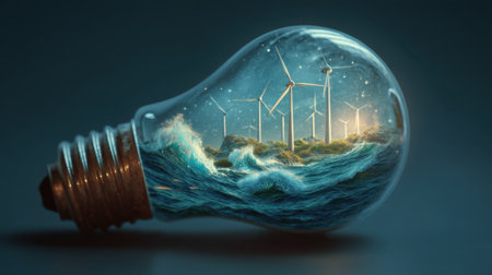 This imaginative image features a light bulb containing wind turbines amidst crashing ocean waves and a starry night sky, symbolizing renewable energy.の素材