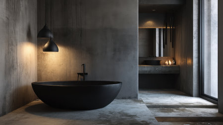 This image showcases a modern minimalist bathroom with a sleek black bathtub, concrete walls, and soft lighting, creating a relaxed and serene atmosphere.の素材