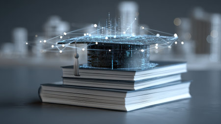 A creative representation of a graduation cap placed on stacked books, symbolizing the fusion of education and technology in a digital age.の素材