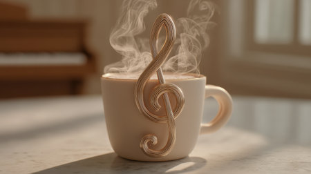 This artistic coffee cup features a unique musical note design, emanating steam in a cozy indoor setting, ideal for music and coffee lovers.の素材