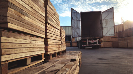 A scenic view of wooden planks stacked neatly beside a delivery truck in a lumber yard during sunrise, showcasing an industrial atmosphere.の素材
