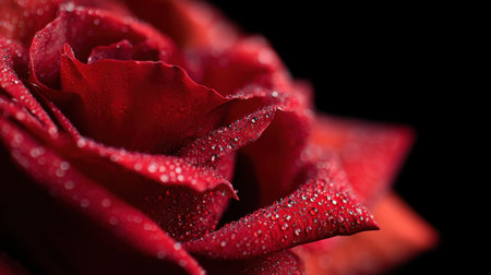 A stunning close-up image of a red rose petal adorned with water droplets, set against a dark background, perfect for nature and beauty themes.の素材