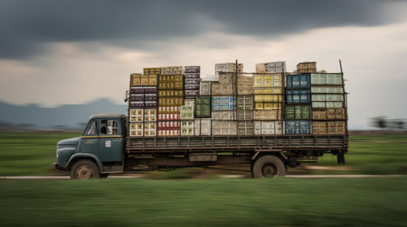 A vintage truck laden with vibrant crates travels along a rural road, surrounded by lush greenery and an overcast sky. Perfect for themes of transport and industry.の素材