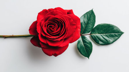 A striking red rose with lush green leaves, elegantly presented against a clean background, perfect for creating romantic and natural visuals.の素材