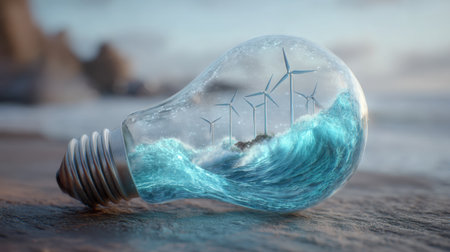 A unique light bulb features ocean waves and wind turbines, representing the blend of nature and renewable energy, emphasizing sustainability.の素材