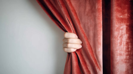 A hand delicately pulls back a soft velvet curtain, inviting curiosity and revealing a tastefully designed indoor space filled with intrigue.の素材