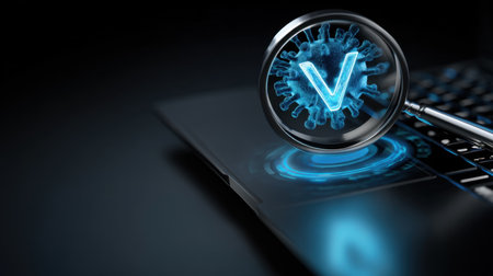 This image illustrates a futuristic concept of virus detection featuring a magnifying glass on a laptop, highlighting digital security and analysis.の素材