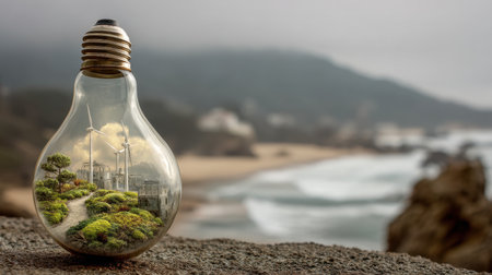 A captivating light bulb contains a miniature coastal landscape with wind turbines and lush greenery, reflecting themes of nature and sustainability.の素材