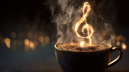 An enchanting scene featuring a steaming cup of coffee with a magical music note rising from the surface, symbolizing warmth and creativity.の素材
