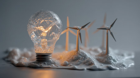 This artistic depiction features a light bulb surrounded by wind turbines placed on a whimsical foam landscape, symbolizing renewable energy innovation and sustainability.の素材