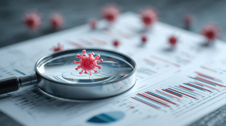 A detailed view of a magnifying glass highlighting a virus model positioned over various analytical reports and charts, emphasizing health research.の素材