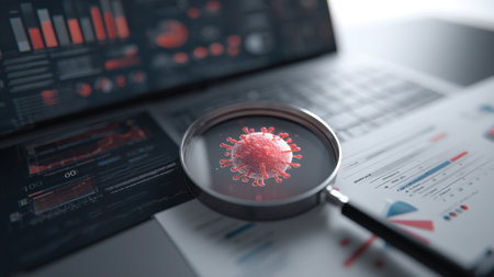 A magnifying glass focuses on a virus model placed on a data analysis report, alongside a laptop in a modern office setting, symbolizing research.の素材