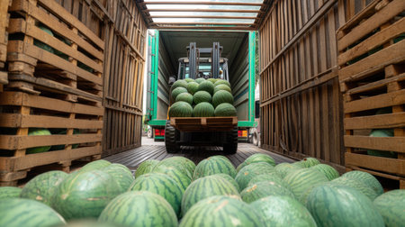 A vibrant scene showcasing fresh watermelons being loaded onto a truck with a forklift, highlighting the logistics of transporting delicious fruit.の素材