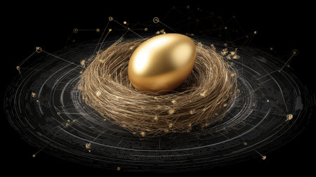 A stunning visual representation of a golden egg nestled in a natural nest, surrounded by a futuristic background of digital connections, symbolizing wealth and opportunity.の素材