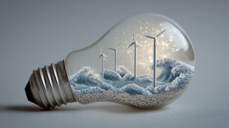 This creative image features a light bulb encapsulating ocean waves and wind turbines, symbolizing the harmony of nature and energy.の素材