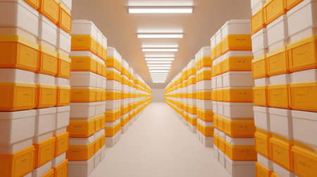 A modern storage facility showcasing neatly organized yellow and white boxes in a symmetrical corridor. The bright lighting emphasizes an efficient and clean design, perfect for logistics and inventory solutions.の素材