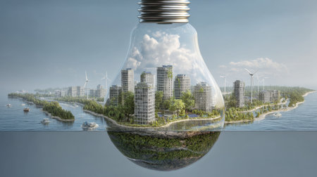 A creative visual representation of sustainable urban development inside a light bulb, showcasing nature, water, and renewable energy sources, symbolizing innovation and a greener future.の素材