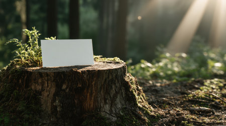 A serene forest scene features a blank business card on a moss-covered tree stump, illuminated by soft sunlight, perfect for nature-themed branding.の素材