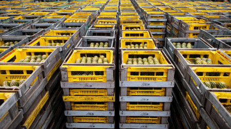 A vibrant display of yellow crates stacked with fresh pineapples in a distribution warehouse, highlighting the agricultural process of storage and supply.の素材
