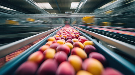 A dynamic view of a conveyor belt transporting freshly harvested fruits in a modern processing facility, showcasing vibrant colors and efficient operation.の素材