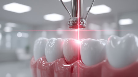 A close-up view of a dental laser targeting teeth for whitening treatment in a modern dental clinic, showcasing advanced technology for oral health.の素材