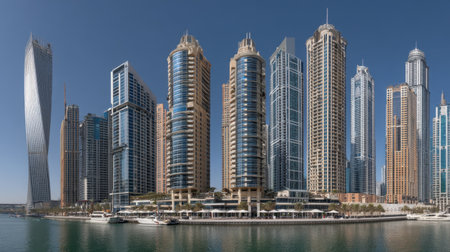 A breathtaking panorama of modern skyscrapers lining a marina, reflecting in the tranquil water under a clear blue sky, showcasing urban splendor.の素材