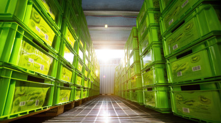 Sunlight casts a warm glow on vibrant green plastic crates stacked inside a shipping container, showcasing efficient storage solutions for fresh produce.の素材