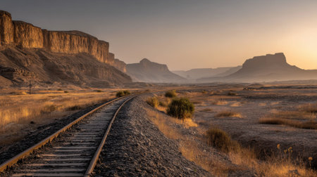 A stunning view of train tracks leading through a vast desert valley, highlighting majestic mountains and a golden sunrise, perfect for adventure.の素材