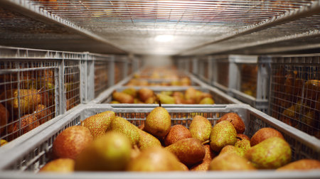 A close-up view of a storage area filled with freshly harvested pears in crates, showcasing their natural colors and textures, ready for distribution.の素材
