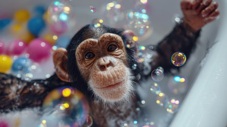 A delightful baby chimpanzee frolics in a bathtub filled with vibrant bubbles and playful toys, showcasing innocence and joy in a fun-filled atmosphere.の素材
