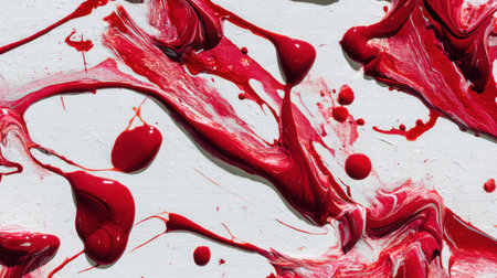 Explore a stunning abstract composition featuring vibrant red paint swirls and drops on a textured white canvas, capturing creativity and motion.の素材