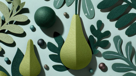 This image showcases vibrant green pears intricately arranged with assorted luscious leaves and decorative elements on a soft background, creating a harmonious and fresh design.の素材