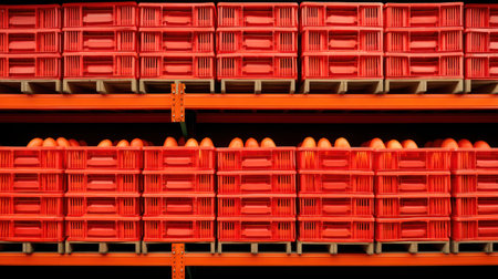 A vibrant display of red storage bins filled with orange items showcases an organized and efficient warehouse environment. The arrangement highlights a modern industrial design with a focus on utility and functionality.の素材