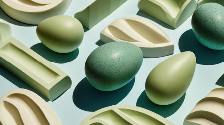 This artistic arrangement showcases an array of abstract shapes and green eggs on a light background, highlighting modern design elements and playful composition.の素材