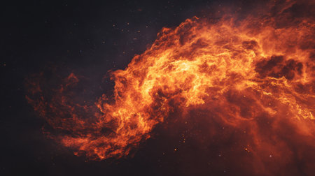This stunning abstract image captures a vibrant fire cloud swirling in a cosmic backdrop, illuminated by countless stars. The rich colors and dramatic texture evoke a sense of energy and beauty, making it ideal for cosmic themes and imaginative projects.の素材