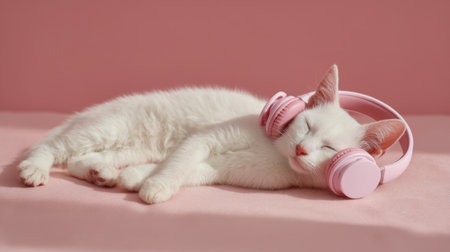 A serene white cat with pink headphones rests peacefully on a soft pink surface, embodying comfort and relaxation in a dreamy atmosphere.の素材