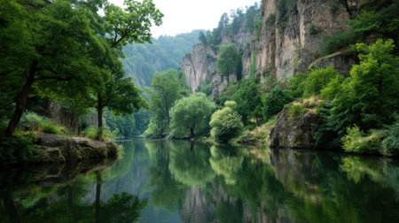 Discover a tranquil scene where lush green trees and rocky cliffs reflect beautifully on the calm waters of a serene lake. Perfect for nature lovers.の素材