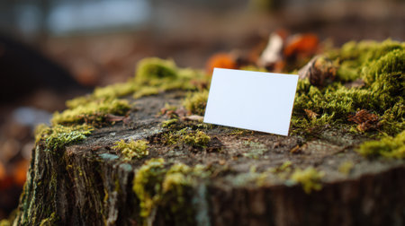 A minimalist blank business card rests on a moss-covered tree stump in a serene natural setting, surrounded by autumn leaves. Ideal for custom designs.の素材