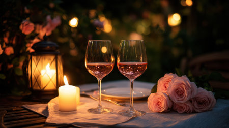 A serene garden setting featuring two wine glasses filled with rose, roses, and soft candlelight, creating a romantic evening atmosphere.の素材
