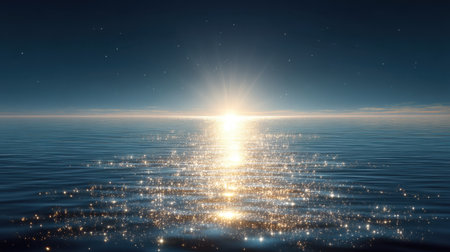 Captivating view of a calm ocean at dusk, where radiant sunlight reflects beautifully on the tranquil water, creating a magical atmosphere.の素材