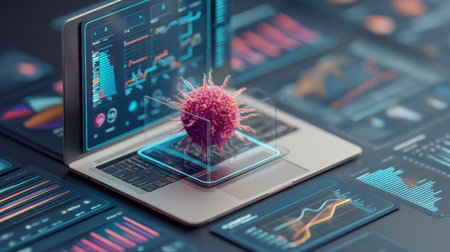 A 3D representation of a virus appears on a laptop screen, surrounded by various data visualizations and graphs, highlighting the intersection of technology and biological science.の素材