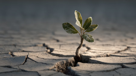 A lone green plant emerges from cracked dry soil, symbolizing resilience and hope in a harsh environment, showcasing nature's ability to thrive.の素材