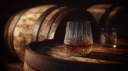 An elegant whiskey glass sits atop a rustic wooden barrel, bathed in warm light that enhances the rich amber color of the drink, evoking a cozy atmosphere perfect for relaxation and enjoyment.の素材
